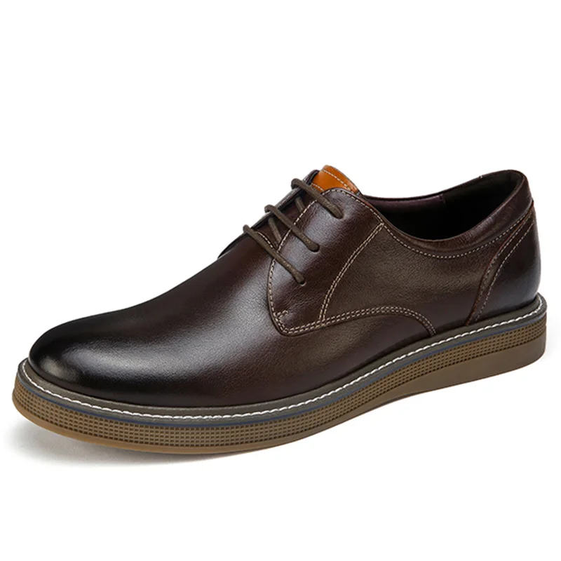 A932188020Brown Светло-коричневый платье в деловом стиле Повседневная обувь Для мужчин из натуральной кожи, с ремешком, в стиле ретро, удобные мужские туфли «Дерби» до середины икры Эластичный Нескользящий из коровьей кожи - Цвет: A932188020Brown