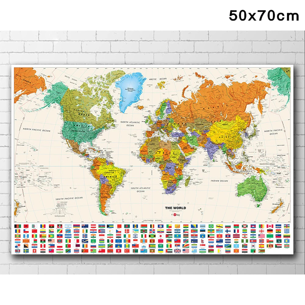 70*50 см карта мира с национальными флагами HD печатная Картина на холсте настенный