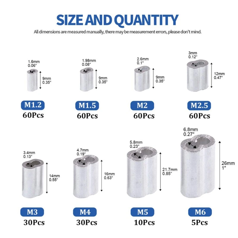 

315Pcs 8 Sizes Aluminum Crimping Loop Sleeve Double Barrel Ferrule for Wire Rope and Cable Line End Assortment Kit