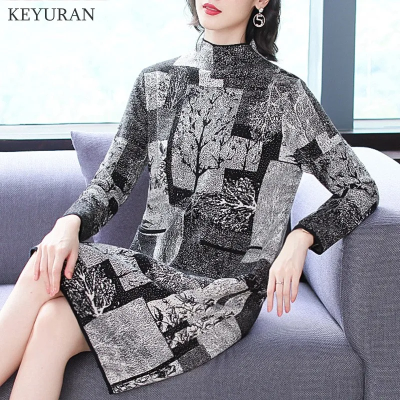 Новинка весна-осень водолазка принт вязаные свитера платье для женщин зима