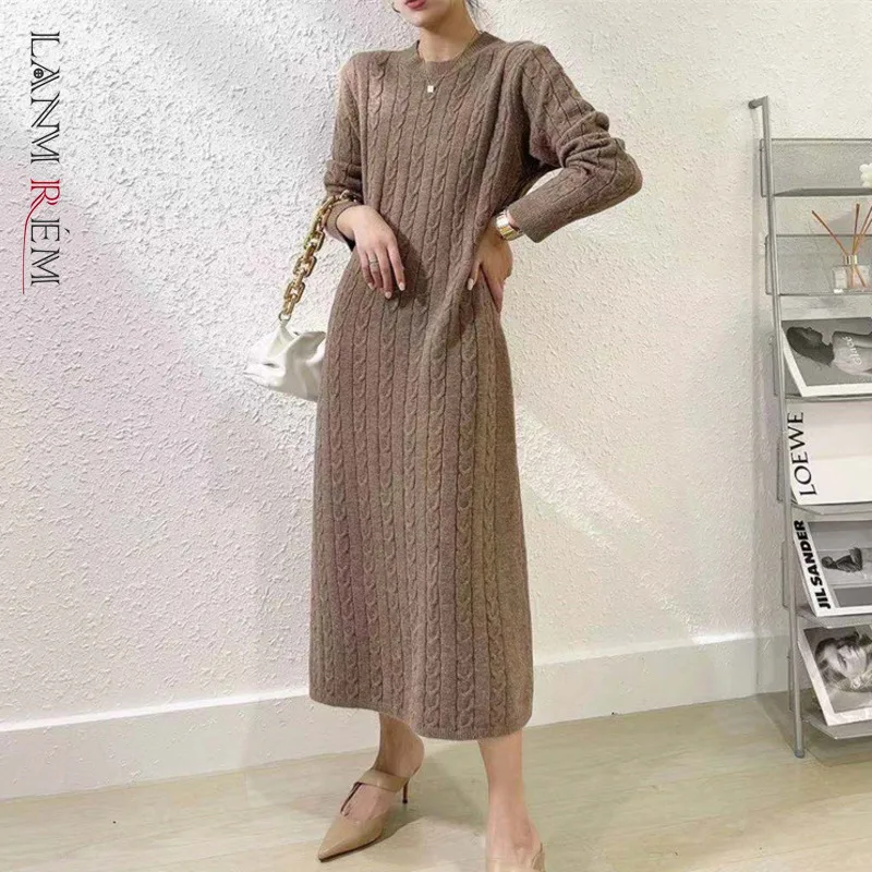 

LANMREM Twist Long Sleeves Round Neck Knitting Dress For Women 2022 Spring And Autumn New Female Fashion Clothing 2C917
