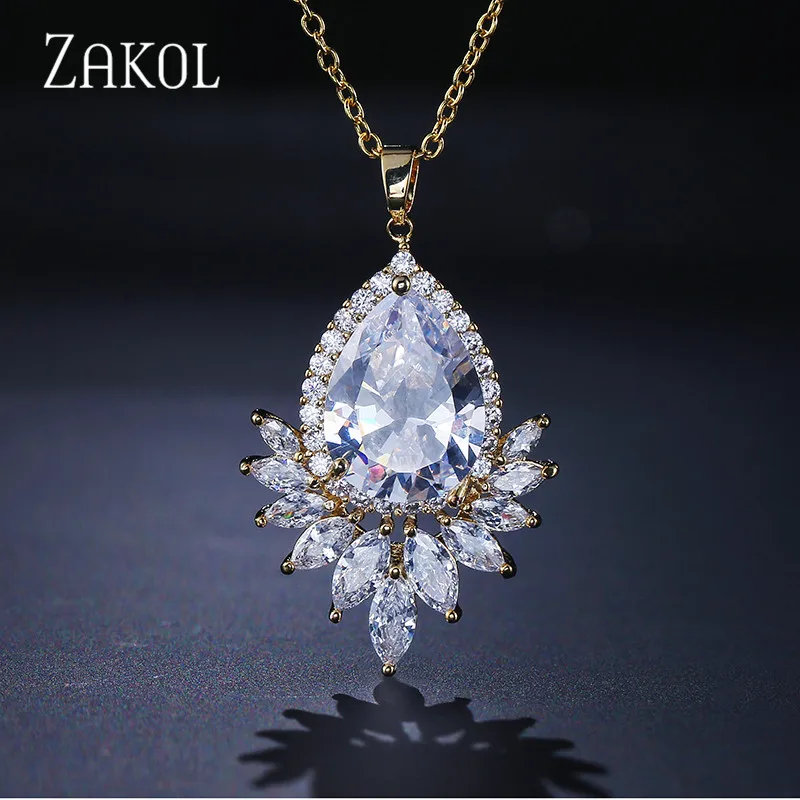 Модное женское ожерелье подвеска ZAKOL с фианитами сверкающее большое в форме