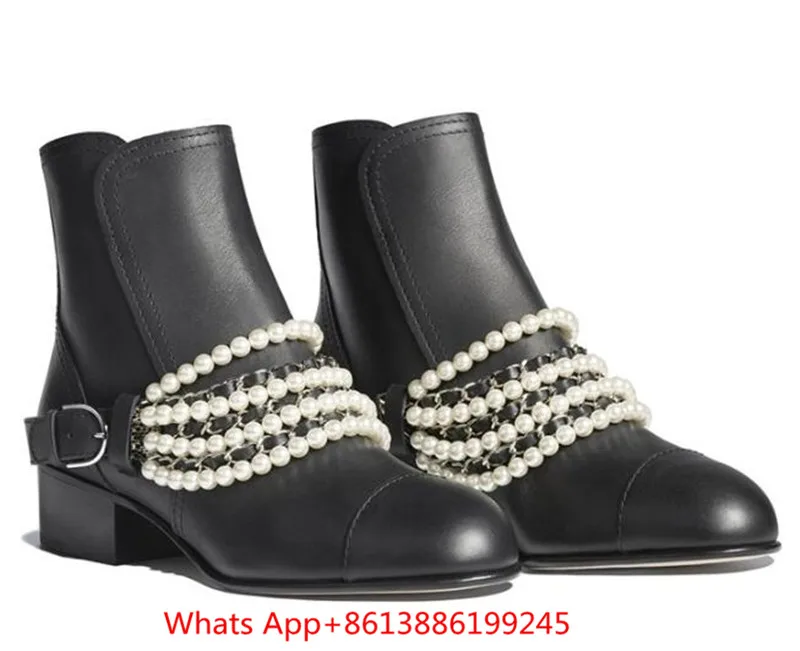 Зимние женские ботинки на среднем каблуке с жемчугом разных цветов Брендовые