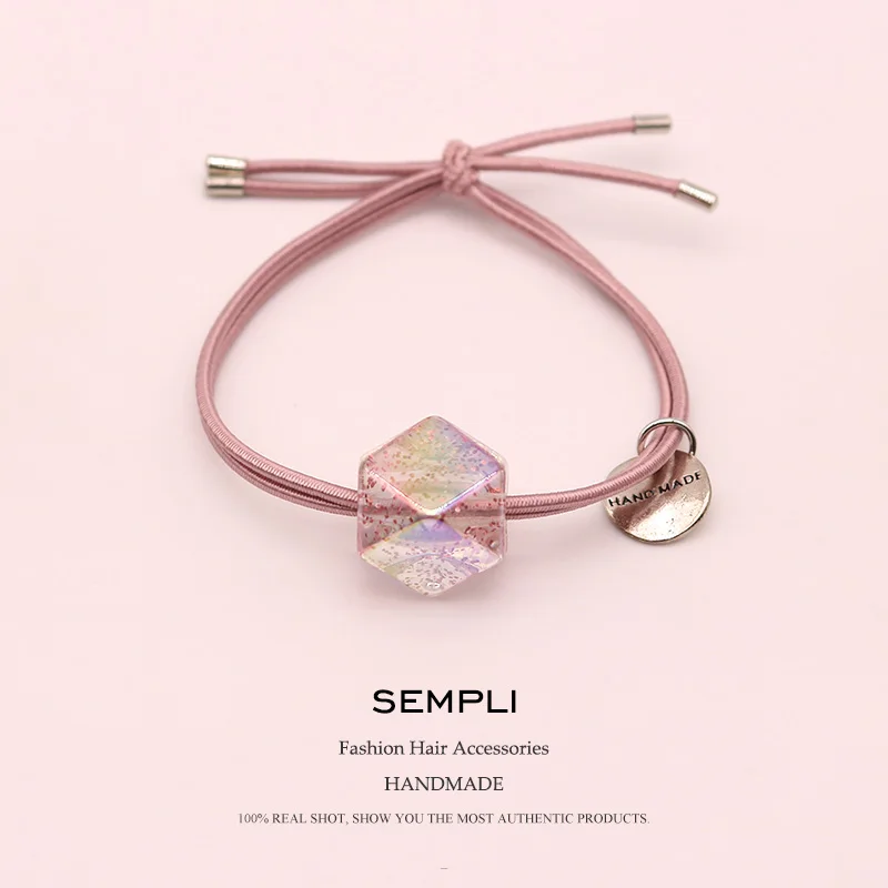 

Sempli Nylon High Rubber Elastic Hair Bands Women Transparent Square Rubber Bands Silver Pendant Geometric Headwear Scrunchies