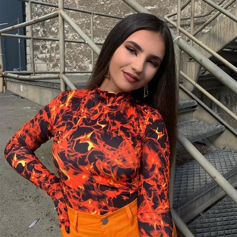 Женское боди с длинным рукавом и принтом пламени пятью пальцами комбинезон