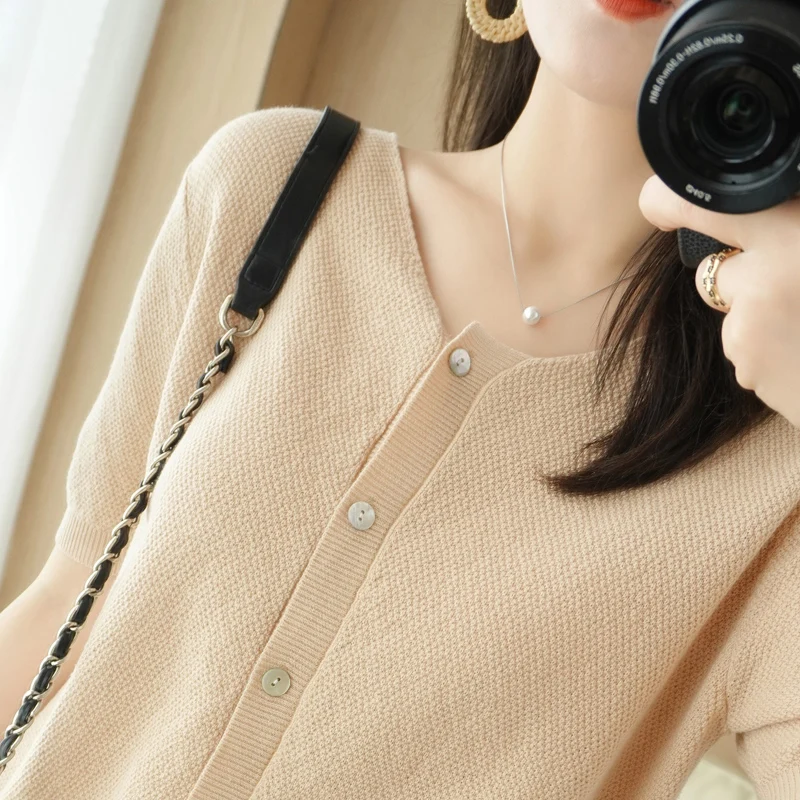 

Spring and summer 100% cotton knitted short sleeve cardigan women's V-neck short loose jacket T-shirt YUHANRONG