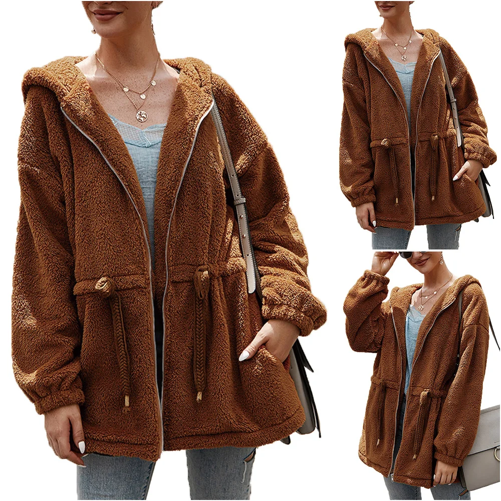 

Coats and Jackets Women Zipper Up Hooded Coats Plain Hoodies Jacket Outwear Overcoat Winter Faux Fur Coat