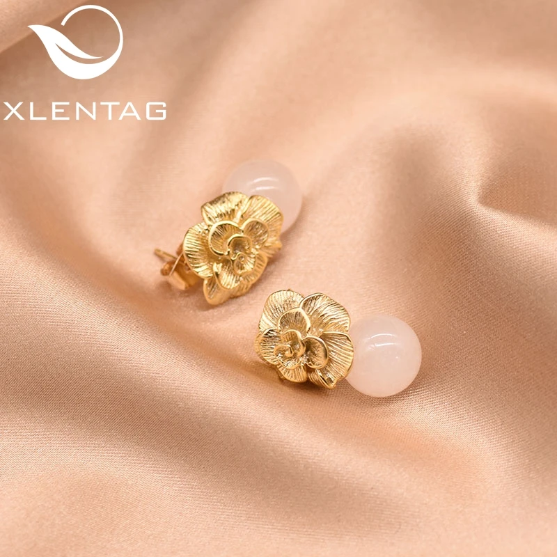 XlentAg 925 пробы серебряные серьги-гвоздики натуральный розовый круглый Кристалл Висячие серьги для женщин растительный цветок серьги для помолвки GE0336