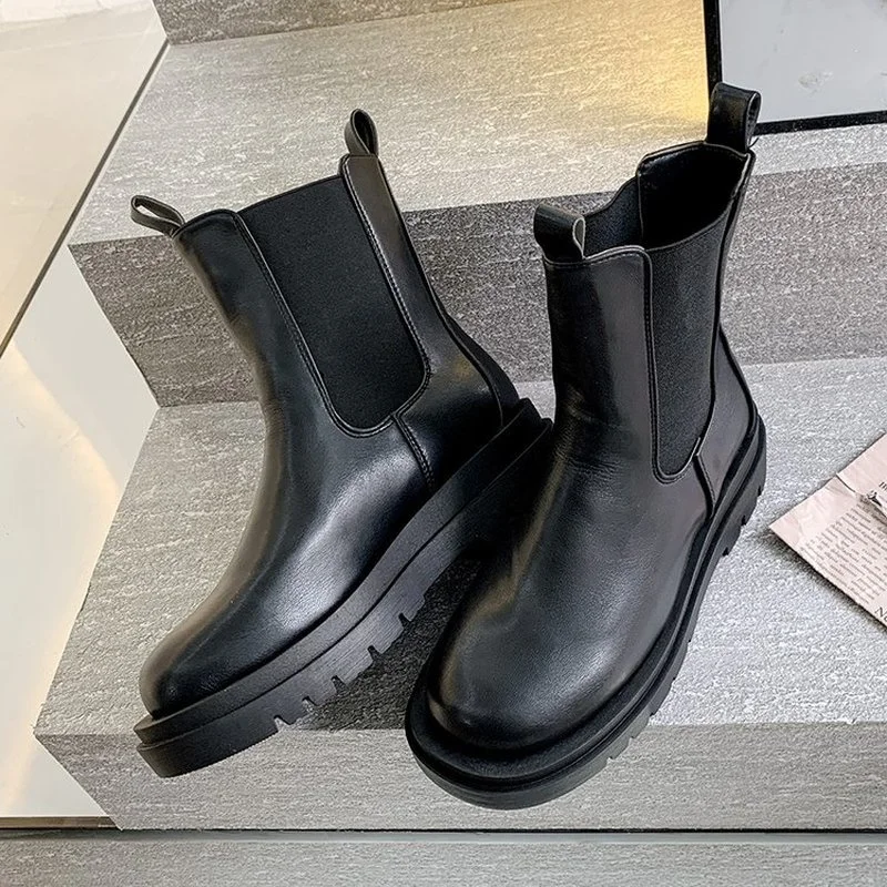 

Женские осенние ботинки челси в британском стиле черные ботинки на платформе с круглым носком на среднем каблуке женские зимние высокие бо...