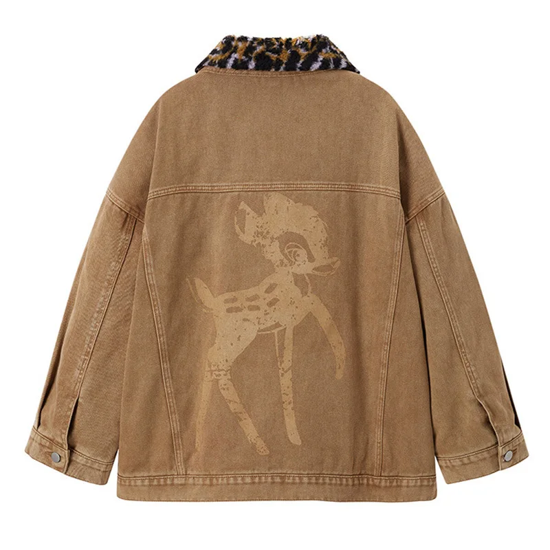 

New Personality Women Street Wear Jackets Leopard Printed Collar Girl's Pockets Loose Oversized Coats 2020 Winter Clothes