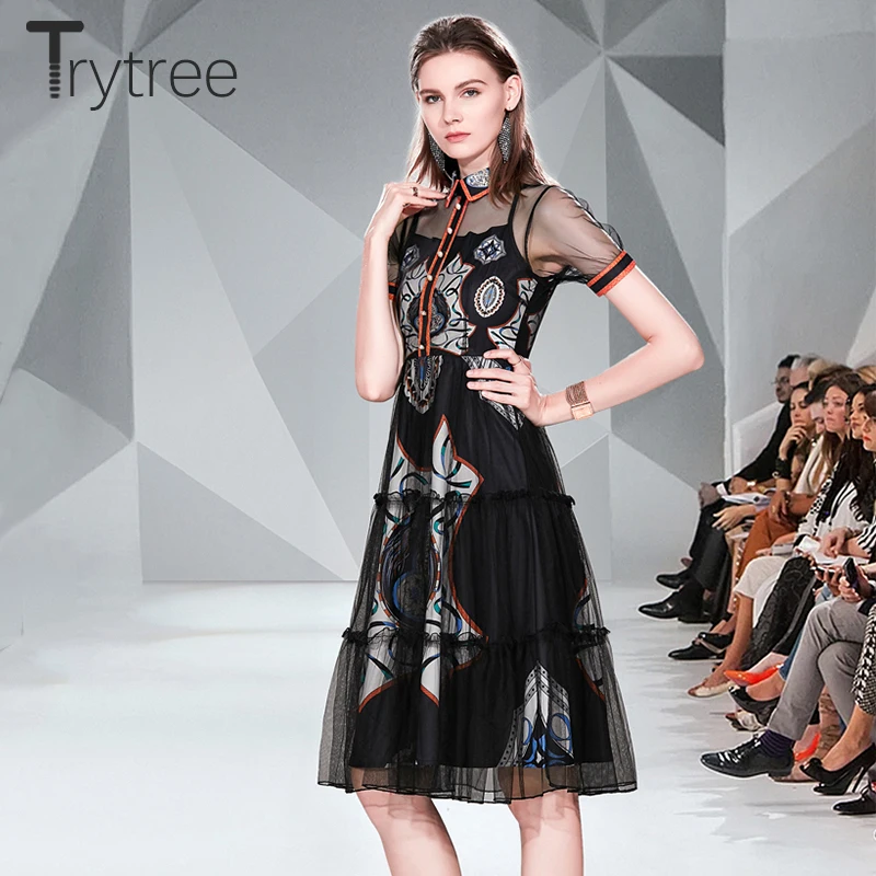 Trytree/осеннее платье, повседневное женское платье с отложным воротником, полиэстер, с принтом, на пуговицах, платье-рубашка, Сетчатое ТРАПЕЦИЕВИДНОЕ модное Платье До Колена