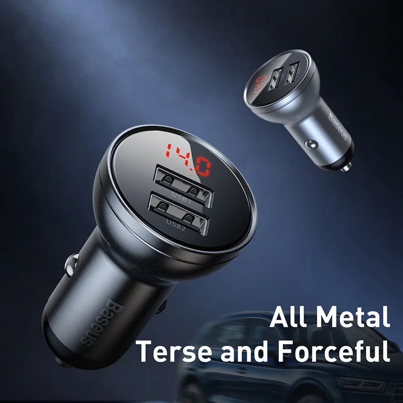 baseus all metal dual usb car charger 24w 4 8a fast car usb charger led auto car charging adapter for iphone xiaomi mobile phone free global shipping