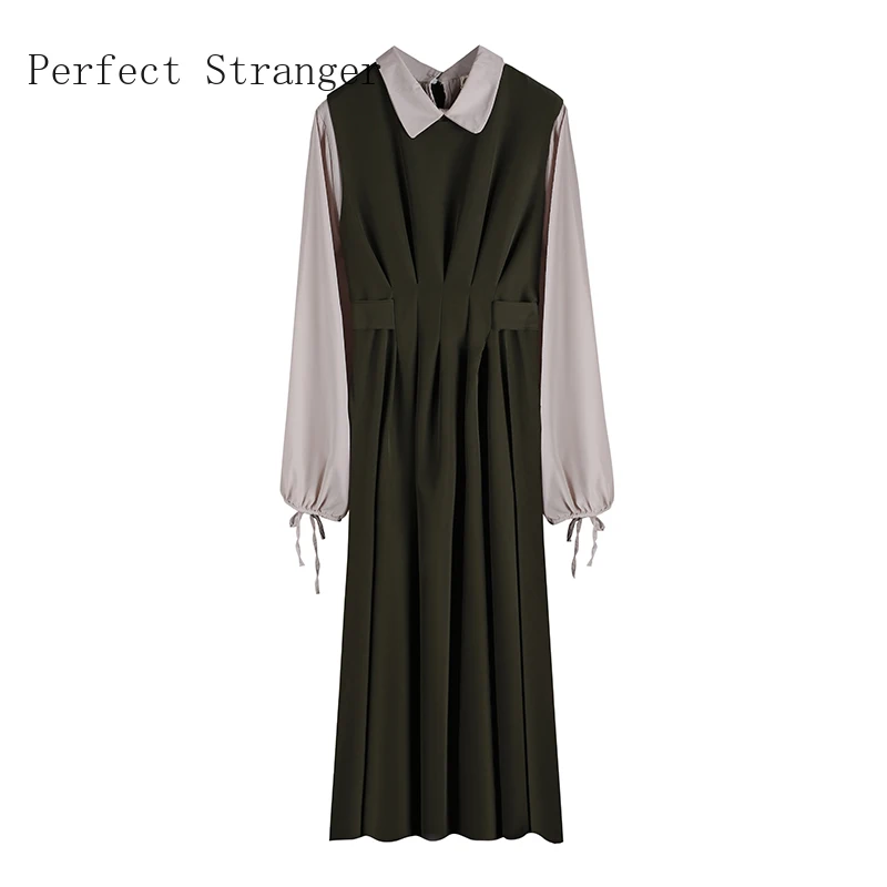 

2021 Autumn New Arrival High Quality Retro Two Pieces Turn Down Collar Long Sleeve Collect Waist Women Long Dress