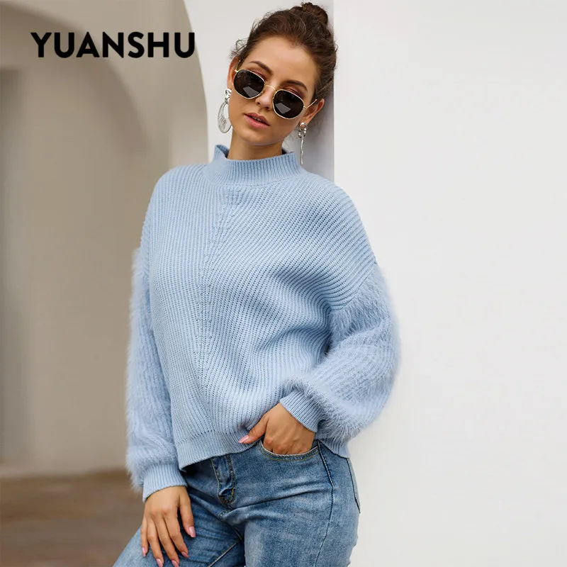 

YUANSHU Новинка, Свободный пуловер с прострочкой, свитер, женский осенне-зимний джемпер, водолазка с рукавом-фонариком, вязаный Однотонный женс...