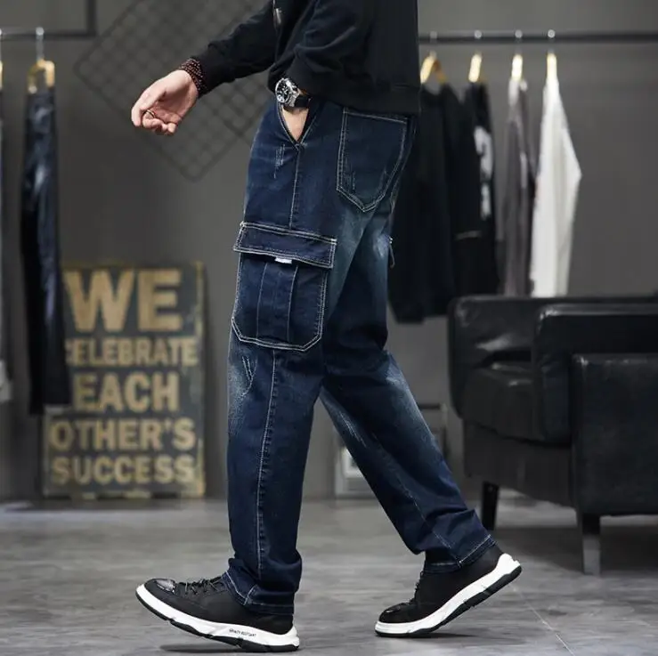 Multi-Pocket Cargo Jeans Men Military Denim Pants Loose Wear-Resistant Stretch Jeans Oversize Size 28-44 Jeans Men