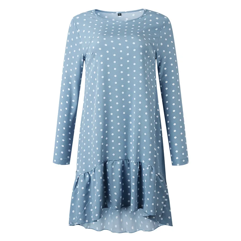 

2020 Winter New Dress Fashion Retro Print Polka Dot O-neck Mini Chiffon Dress Ruffled Long Sleeve Loose Chiffon Dress For Women