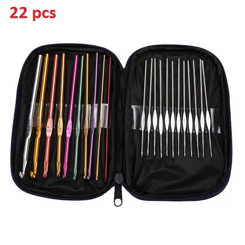 22 pcs 22 шт. металлические ручки крючки для вязания крючком алюминиевые спицы набор швейных аксессуаров плетение ремесло с сумкой - Цвет: 22 pcs