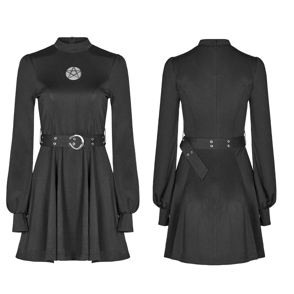 Готическое повседневное эластичное трикотажное тонкое платье с поясом