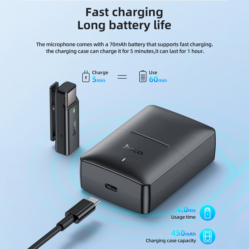 Hoco Portable Lavalier Wireless Microphone Video Recording Mini Mic For iPhone Android Live Broadcast Vlog Online Class Micropho