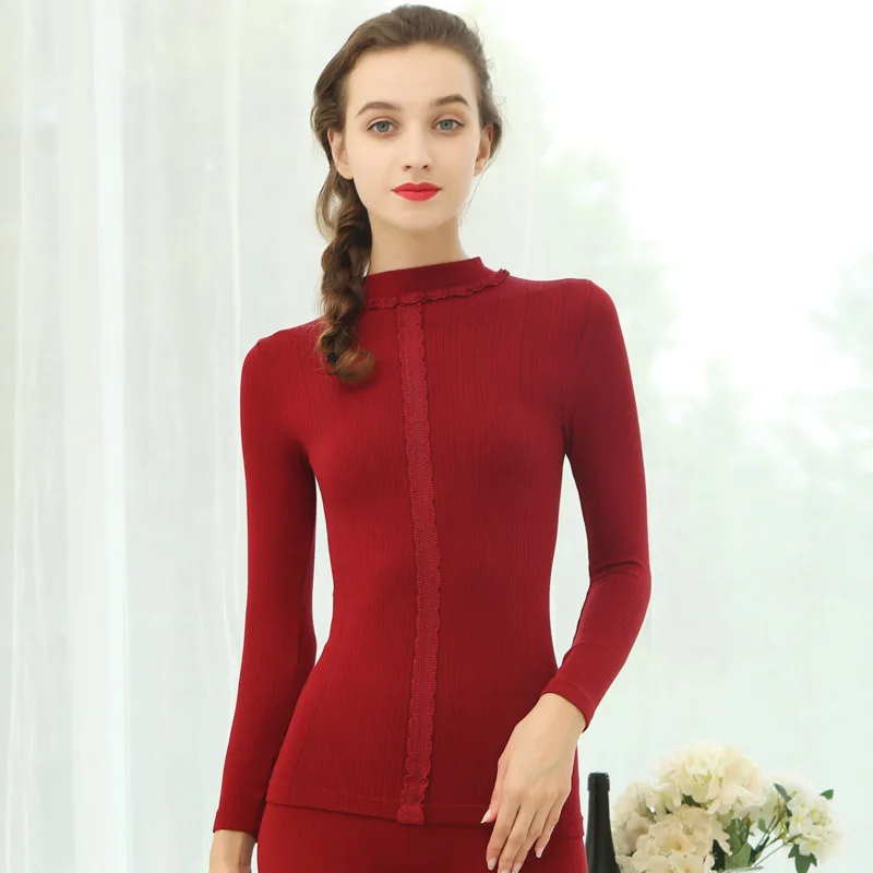 claret-red Новинка, женское однотонное тонкое термобелье, кружевное, из чистого хлопка, с высоким воротником, подштанники для женщин, зимние, один размер, 45-70 кг, женские - Цвет: claret-red