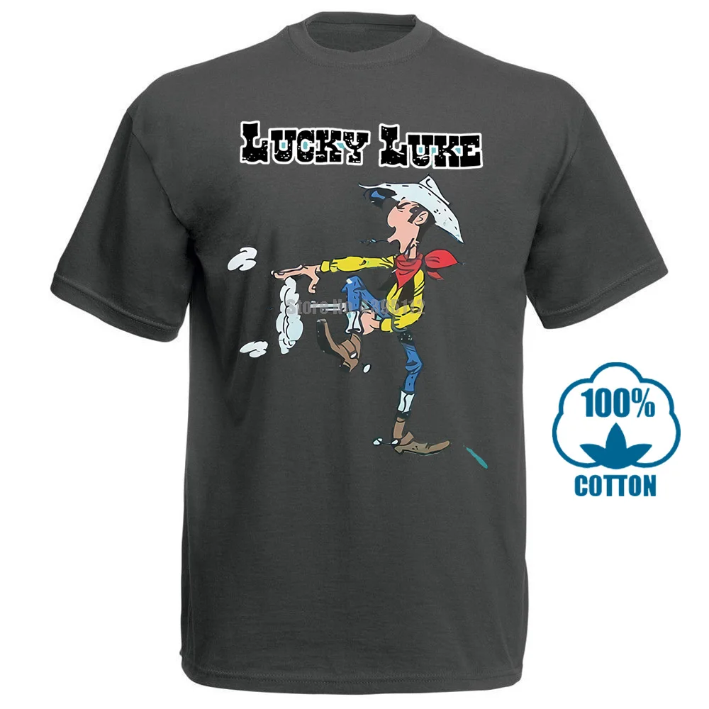Темно-серый Lucky Luke Comics ковбой Уайлдер Вестерн Прохладный Лето Мужская Новая футболка Личность граффити - Цвет: Темно-серый