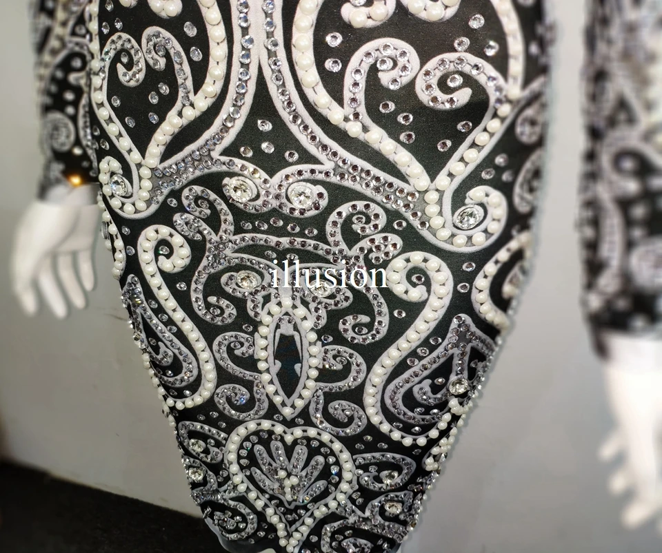 

2019 New Rhinestones Pearl Dress Women Birthday Prom Celebration One Piece Dress Nightclub Singer Host Luxurious Stage Costume
