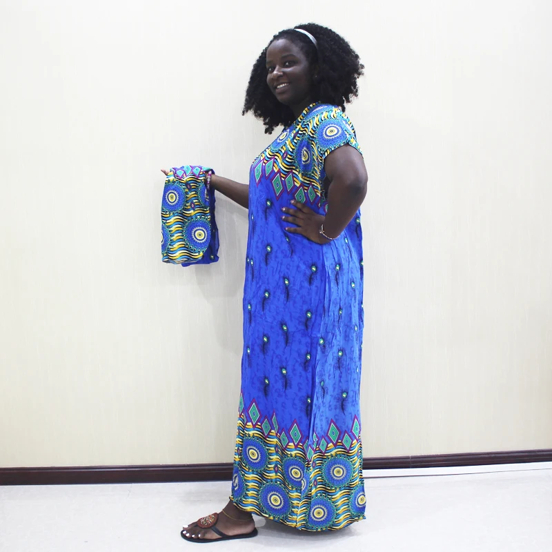 Dashikiage Peacock Feather Print Dress African Dashiki Plus Size Short Sleeve Casual Blue Dresses With Sarf | Тематическая одежда