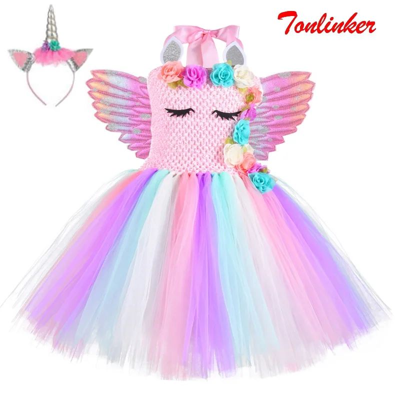 Детский костюм единорога для девочек на Хэллоуин радужная сетчатая пачка с