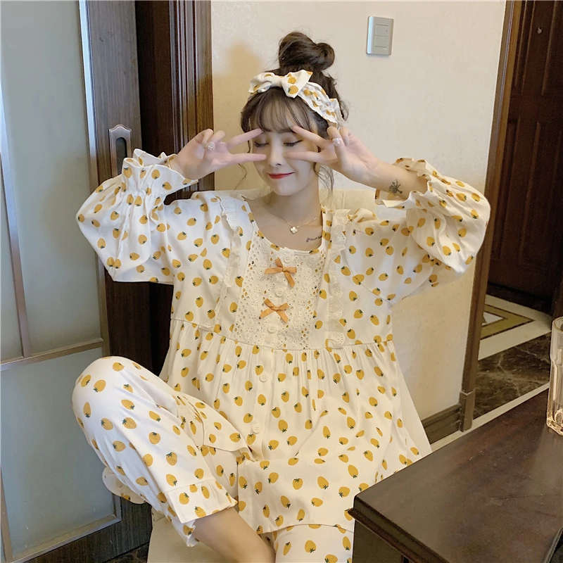 

Harajpee Kawaii Printing 2PCS Pajamas Autumn Winter New Loose Soft Comfortable Nightwear Fashion Korean Homewear Clothing 2021