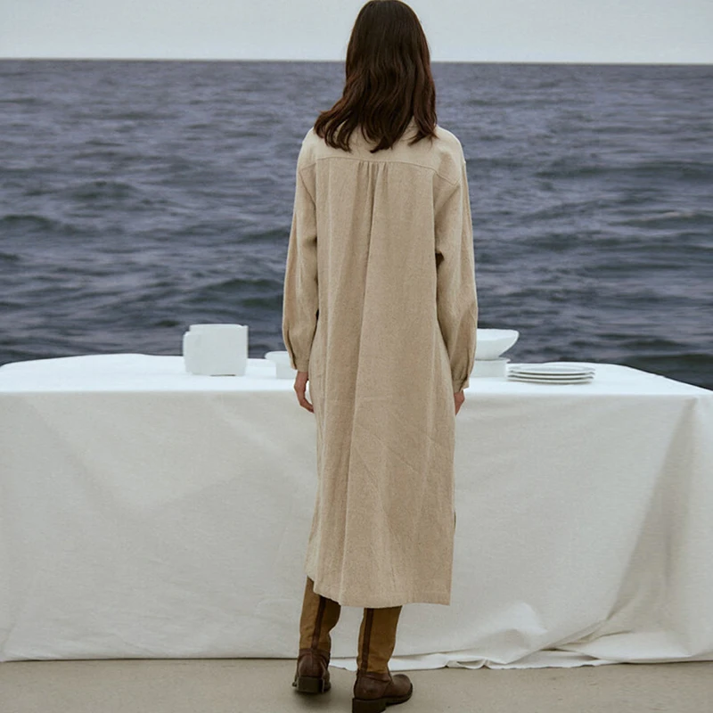 

Johnature 2021 Spring New Vintage Women Dresses Simple Slits Loose Hemp Color Button Female Dress