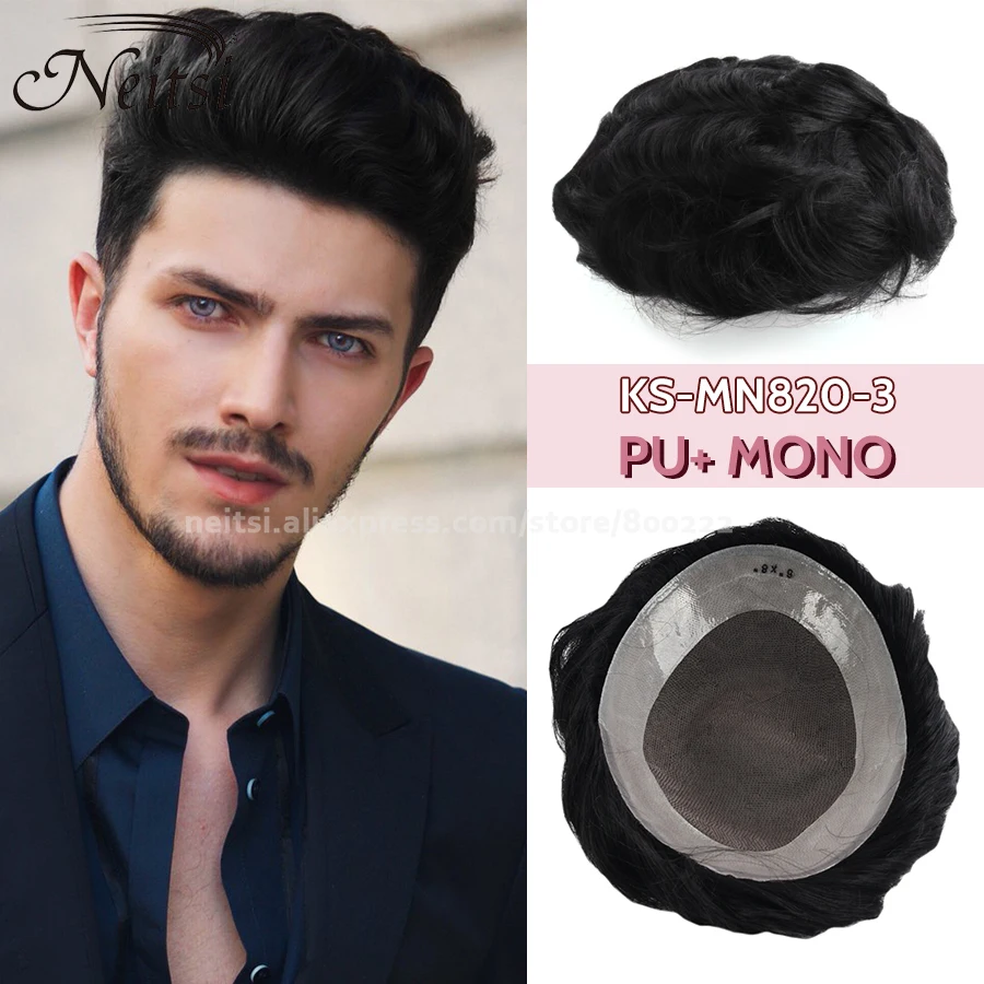 

Neitsi Durable Fine Mono +PU Mens Hair Replacement System 6" 100% Human Hair Toupee 130% Hair Denstiy Mono Wig for Men Color 1B