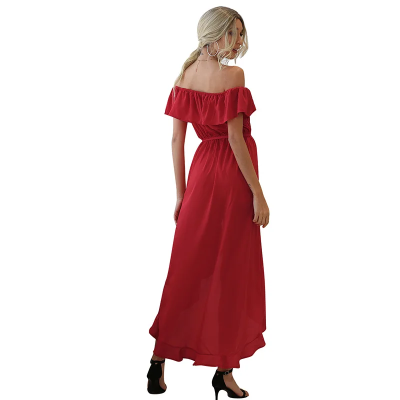 

Women Sexy Slash Neck Off Shoulder Ruffle Sashes Long Dress Summer 2020 New Solid Casual Slim High Waist Asymmetrical Maxi Dress