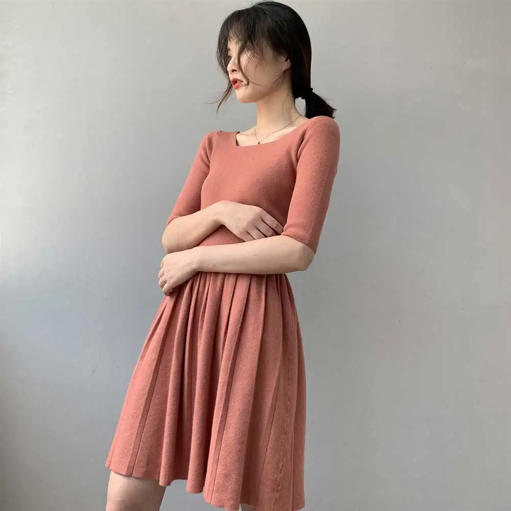 Color 6 Вязанное зимнее платье женское однотонное с коротким рукавом с высокой талией женское Плиссированное повседневное приталенное платье женское платье - Цвет: Color 6