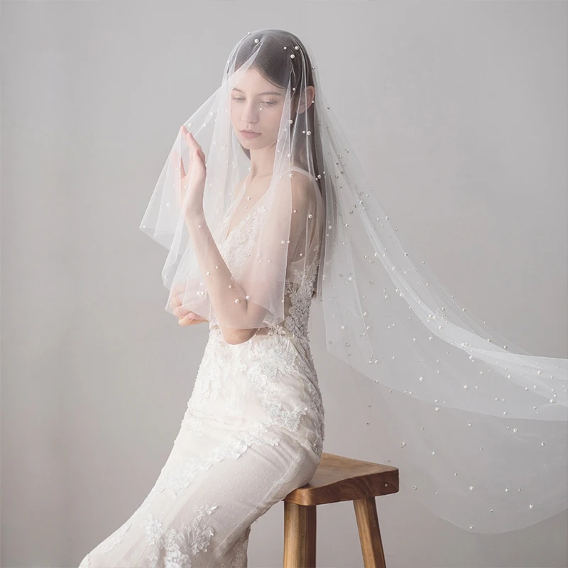 

Wedding Bridal Veil with Comb Tulle Veils with Pearl Beads Hair Accessories for Bride 2 Tier Fingertip Length Cut Edge