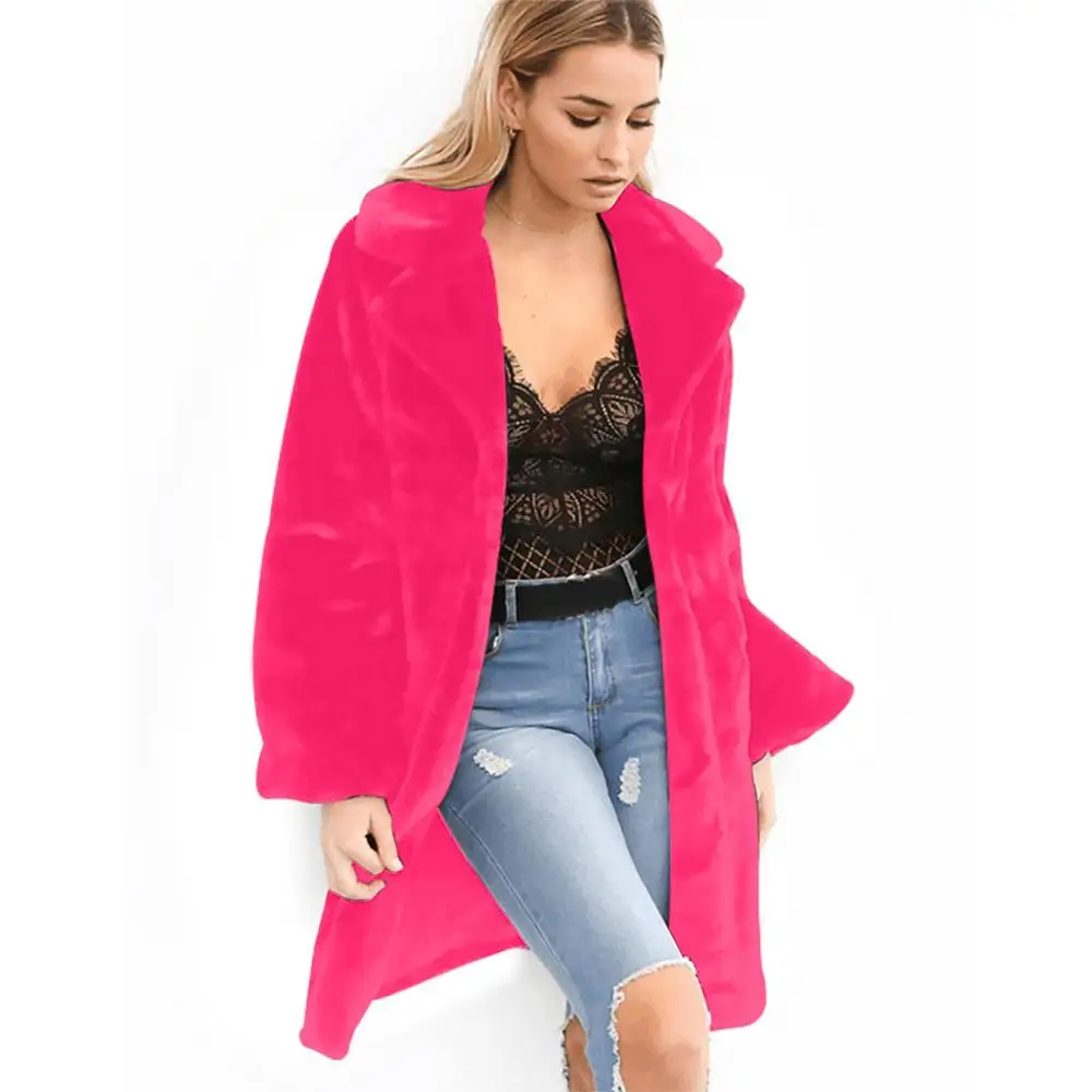 hot pink Женское пальто из искусственного меха, Осень-зима, пушистое,, плюшевое пальто, модное, одноцветное, с длинным рукавом, с отворотом, Свободное пальто, теплая, мягкая верхняя одежда - Цвет: hot pink