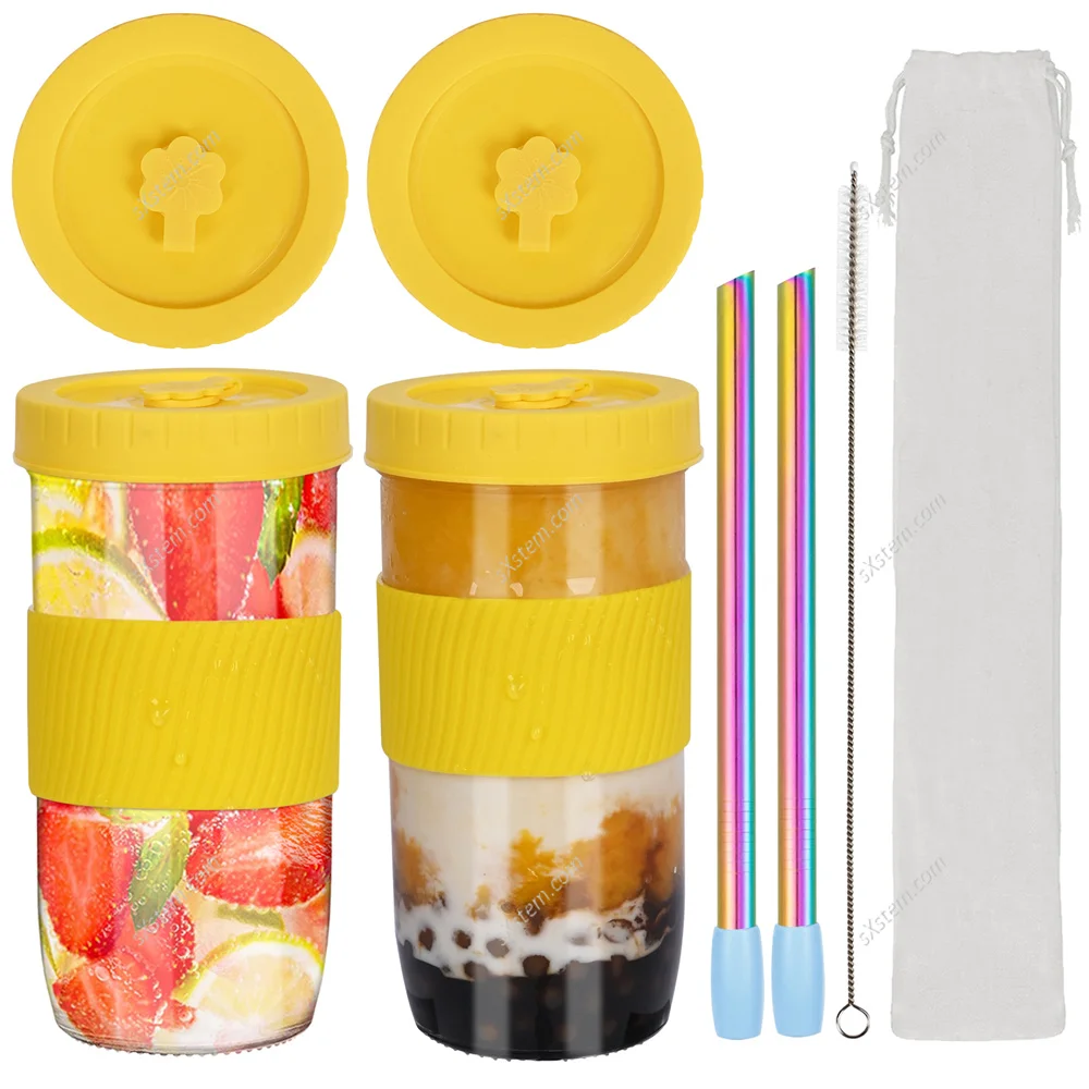 

2pcs Boba Cup Reusable Bubble Tea Cup Smoothie 24oz Glass Tumbler With Lids Straw Leakproof Juicing Mug Coffee Christmas Gifts