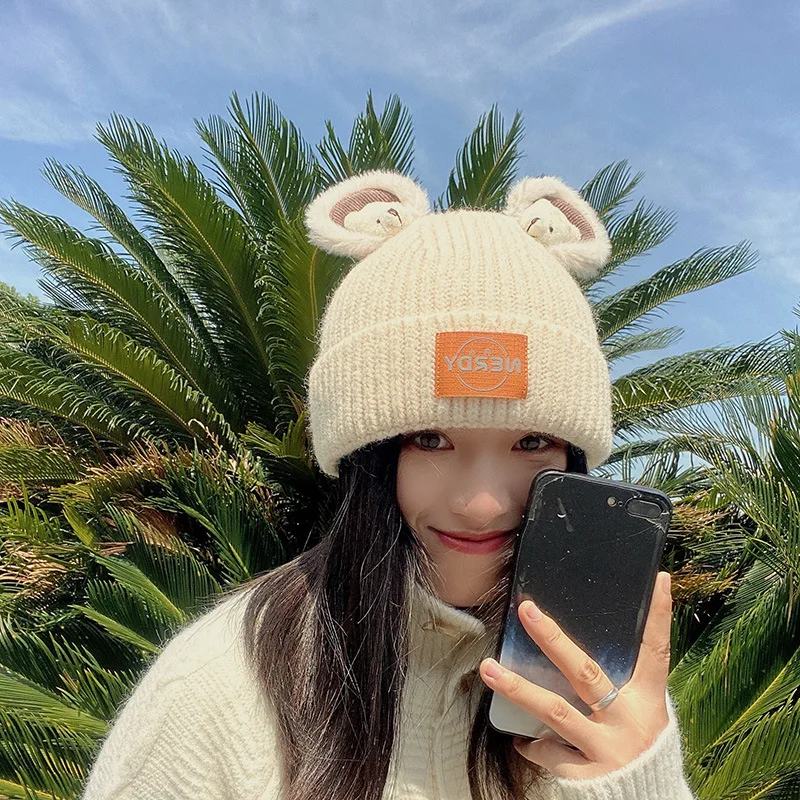 

Hot Bear Hat Winter Hats Boy Girl Beanies Knitted Solid Cute Hat Lady Winter Warm Hat Beanie Caps Bonnet Cap Gift