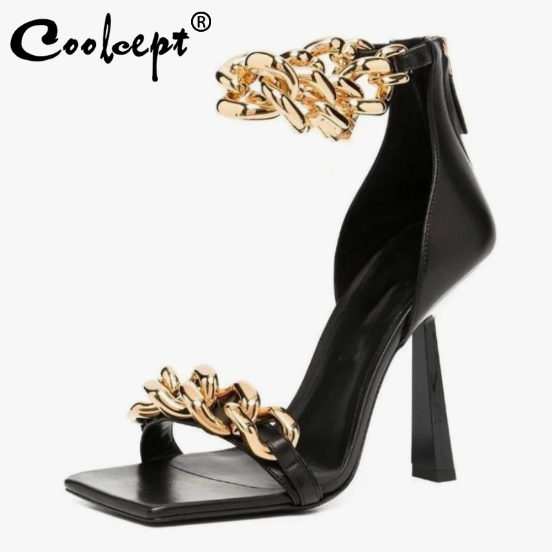 

Coolcept Size 33-43 Women Sandals 2021 Street Fashion Real Leather Shoes Stiletto Square Toe Metal Chain Zip Club Sexy Footwear