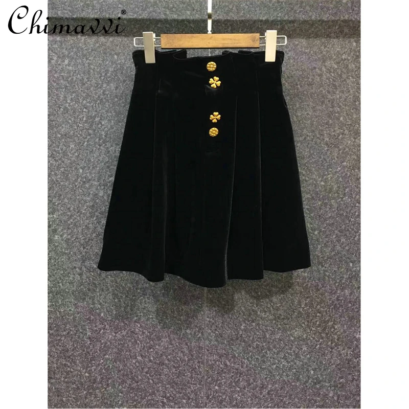 

Women High Waist Black Short Skirt 2021 Autumn Winter Solid Color Breasted Velvet Skirt Female Korean Fashion Casual Skirt