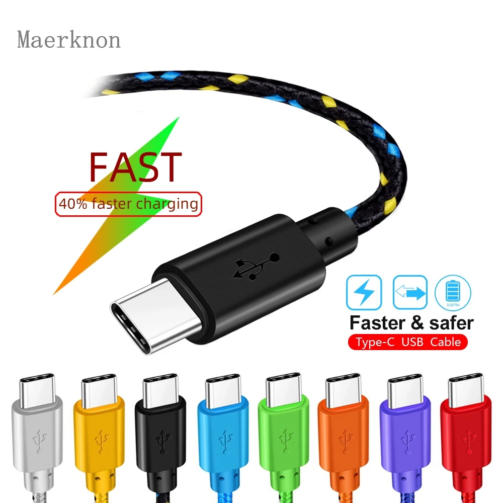 2.4A Maerknon USB Type Cable Fast Charging Data 1m/2m/3m For Xiaomi Samsung Huawei P20 Pro Phone Charger Accessory USB C Cable