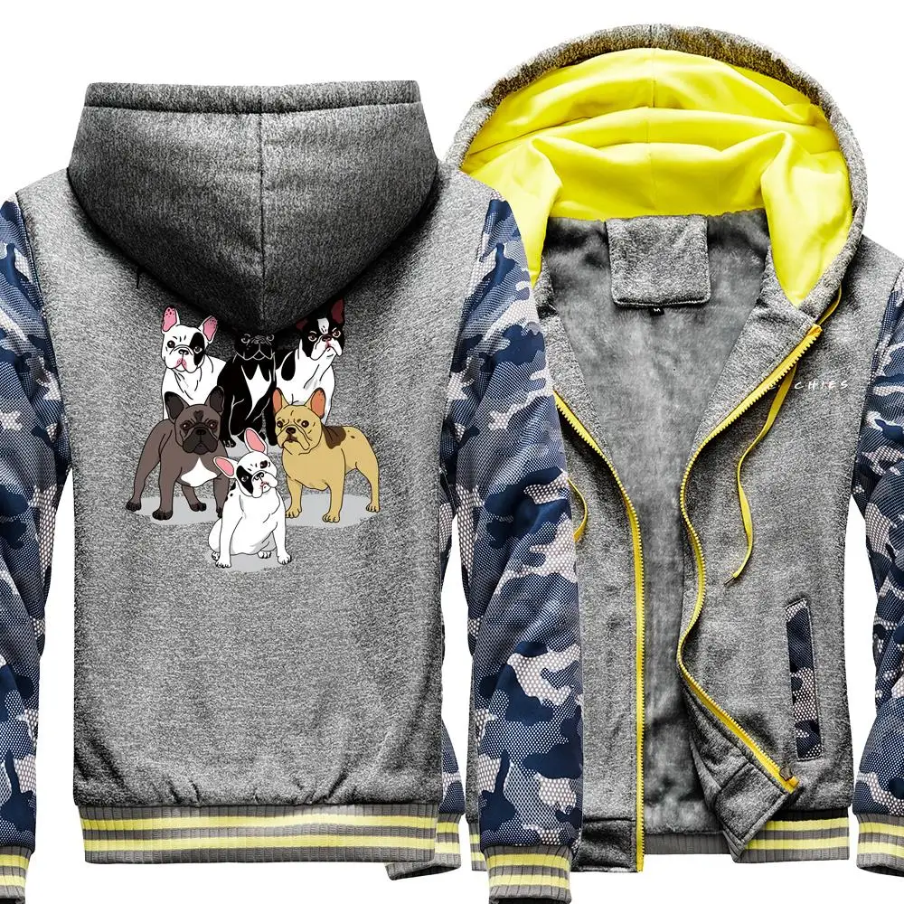 

Frenchies Dachshund Pug Hooded Winter Funny Men Hoodie Camouflage Casual Streetwear Loose Zipper Jackets Male Hip Hop Thick Coat