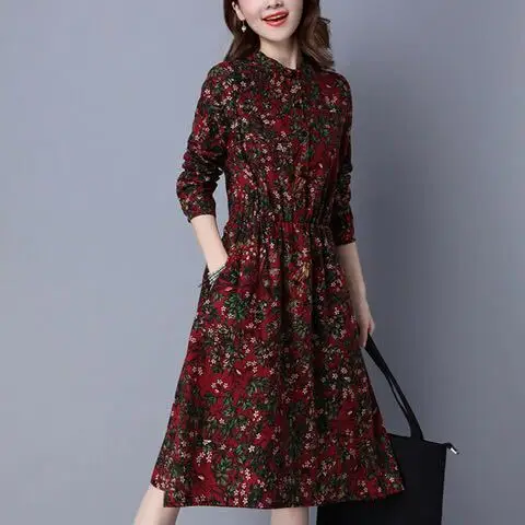 Платье с длинным рукавом 2019-средней длины из искусственного хлопка и льна