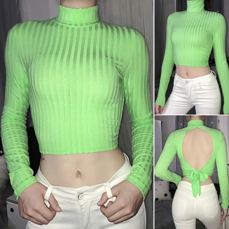 2020 Womens High Collar Cropped Tops Ladies Slim Fit T Shirt Long Sleeve T-Shirts Sexy Backless Turtleneck Tees Women | Женская одежда