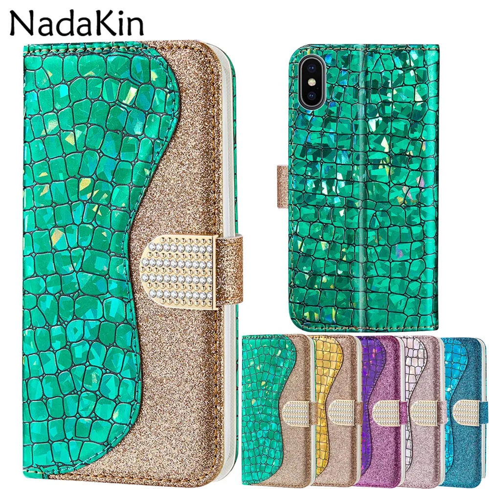 Роскошные Стразы, алмазная застежка, чехол-книжка для iPhone 11 Pro X XS MAX XR 5 5S SE 6 6S 7 8 Plus, откидная крышка, змеиная текстура