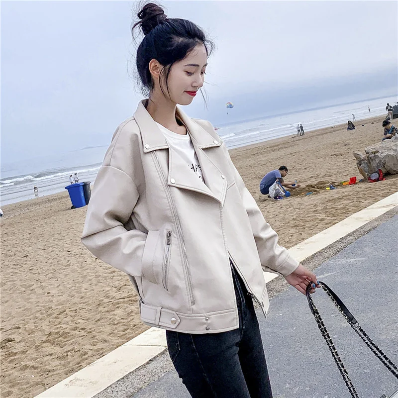 

Women New Fashion Casual Loose Faux Leather Jackets Pu Moto Biker England Coats Ladies Korean Oversized Outerwear