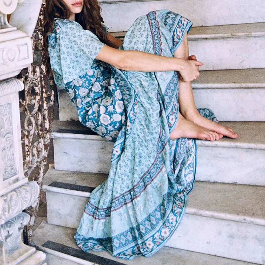 Женское винтажное длинное платье AYUALIN богемное пляжное из хлопка с цветочным