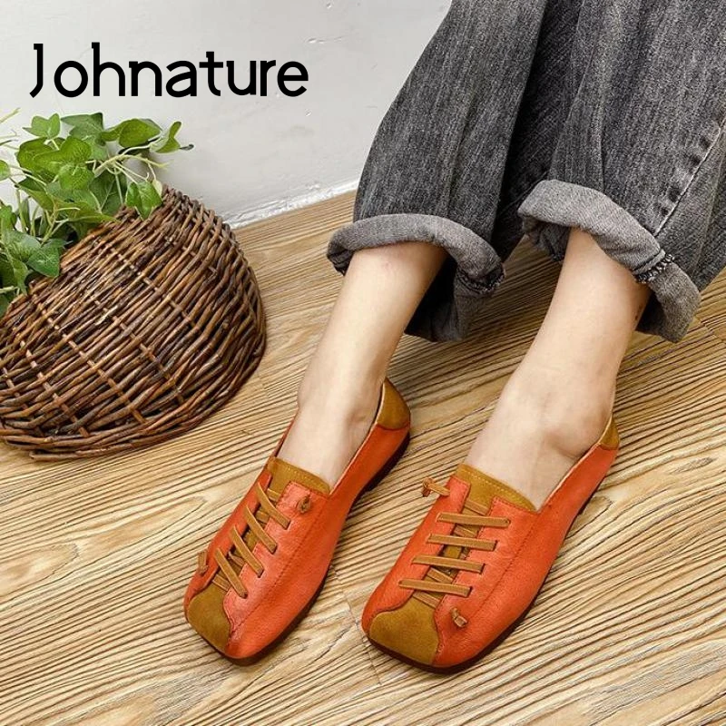 

Johnature Autumn Flats Women Shoes 2022 New Genuine Leather Casual Mixed Colors Lace-up Retro Shallow Handmade Ladies Shoes