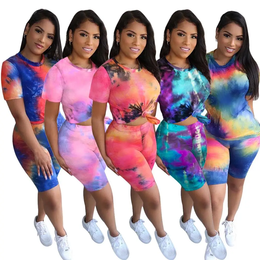 Женский спортивный костюм Tie Dye Повседневная футболка и велосипедные шорты