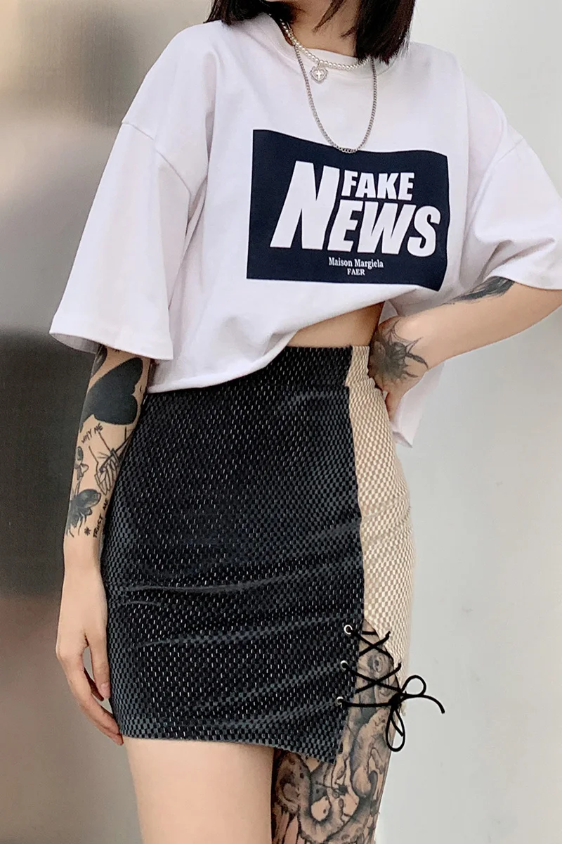 

Spring 2021 new products two-color stitching high-waist slim-fitting bag hip is thin commuter ladies gray bust A-line skirt