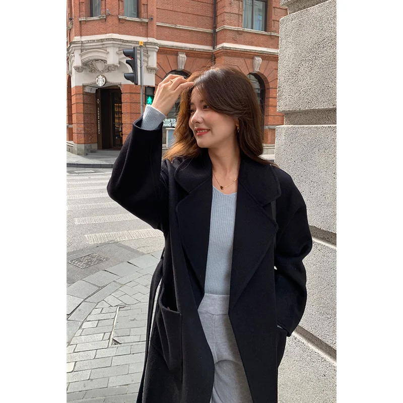 Пальто женское длинное двустороннее из чистой австралийской шерсти с лацканами |